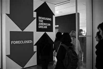 The entrance to the exhibit, "Foreclosed: Rehousing the American Dream," is seen at the Museum of Modern Art (MoMA) in New York, February 23, 2012. 
