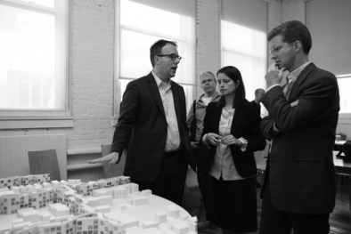 U.S. Secretary of Housing and Urban Development Shaun Donovan discussing MOS's proposal with Michael Meredith and Hilary Sample at the September 17th Open Studios at MoMA PS1.
