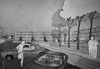 Evocative perspective drawings by Craig Hodgetts emphasized the more suburban aspects of the low-rise, high-density housing prototype: direct access to green space and cars.
