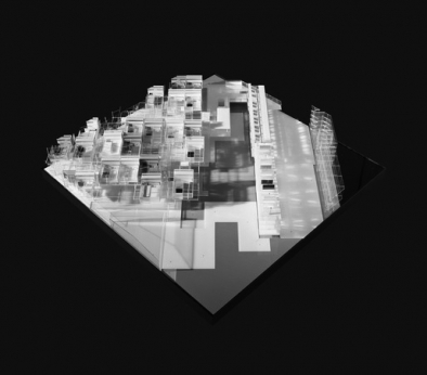 Architectural model: a diamond-shaped core sample of the mixed-use development