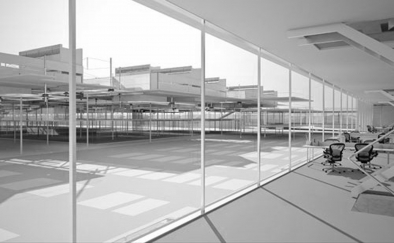 Rendering, showing the view from communal offices toward a public plaza and City Hall