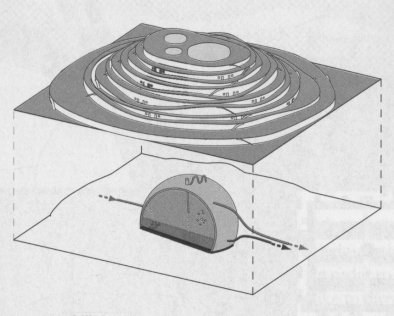 Compost hill: Terraced housing/ Spiral park/ Methane dome